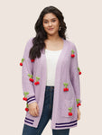 Stereo Cherry Design Striped Patchwork Cardigan