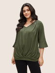 Solid Pleated V Neck Bell Sleeve T shirt