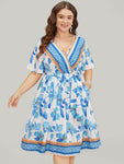 General Print Pocketed Belted Wrap Dress With Ruffles