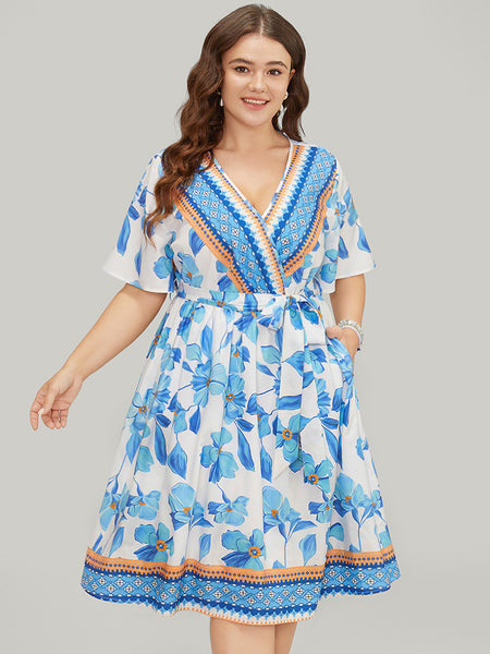 General Print Belted Wrap Pocketed Dress With Ruffles