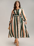 Belted Striped Print Collared Dress