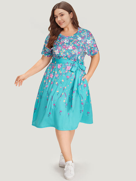 Floral Print Belted Pocketed Batwing Sleeves Dress