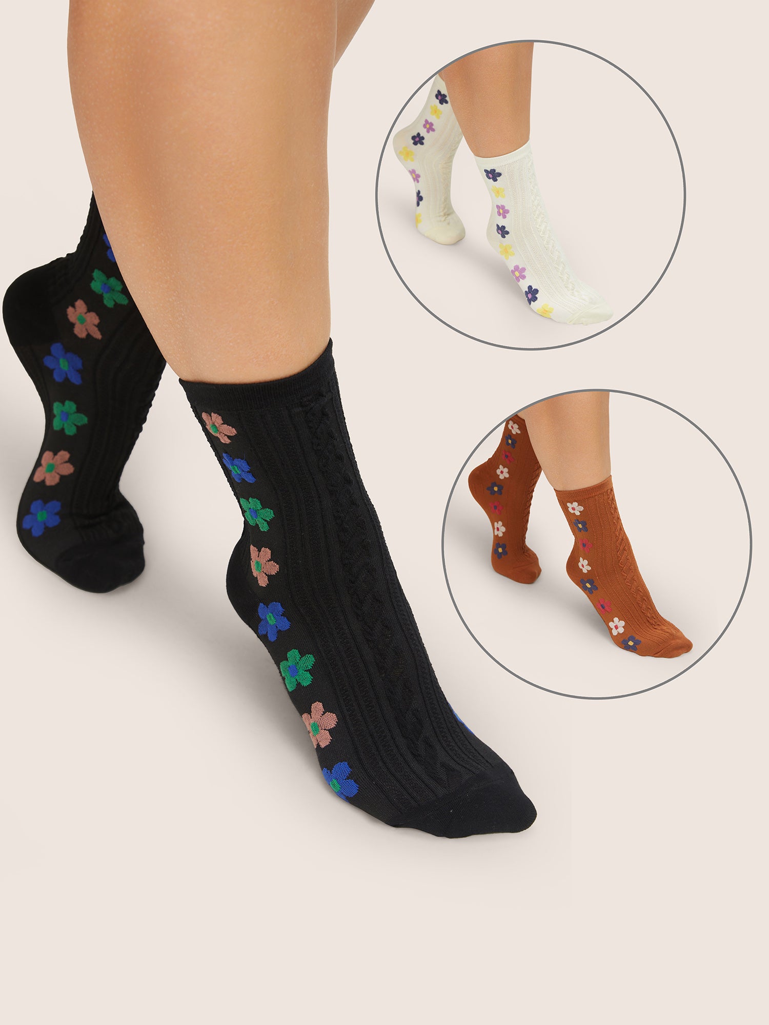 

Plus Size Socks | 3 Pairs Contrast Floral Cable Knit Socks | BloomChic, Multicolor