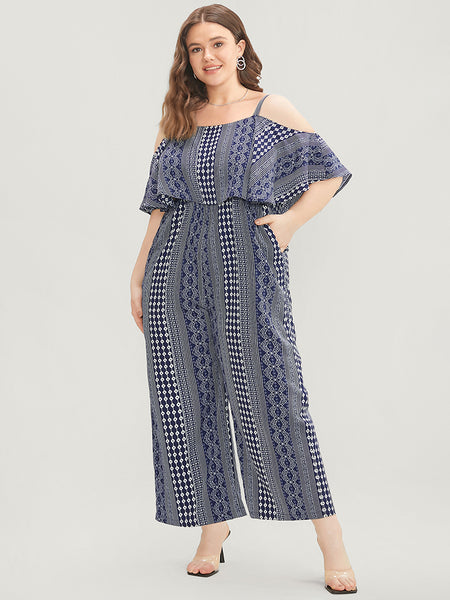 Pocketed Striped Geometric Print Cold Shoulder Sleeves Jumpsuit With Ruffles