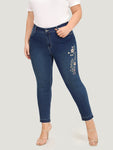Very Stretchy Floral Embroidered Dark Wash Jeans