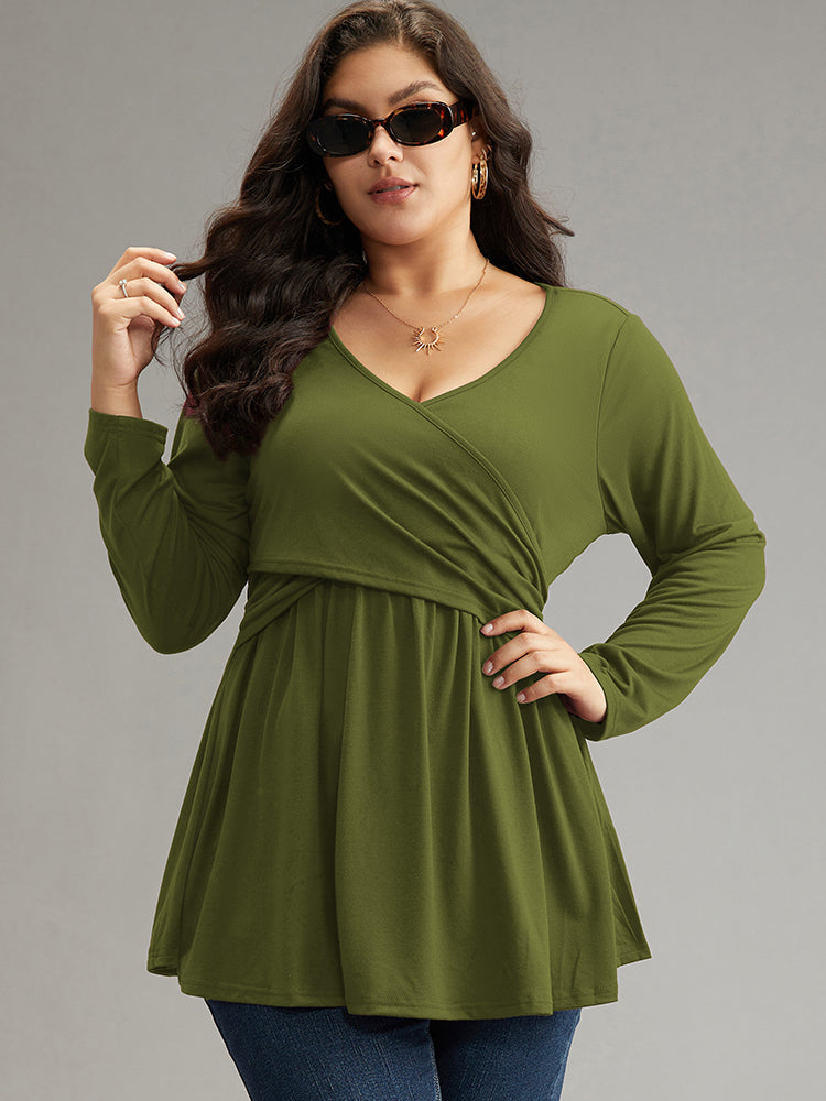 

Plus Size Women Dailywear Plain Plain Regular Sleeve Long Sleeve Overlap Collar Elegance T-shirts BloomChic, Army green