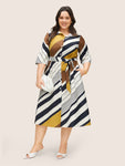Striped Print Belted Colorblocking Dress