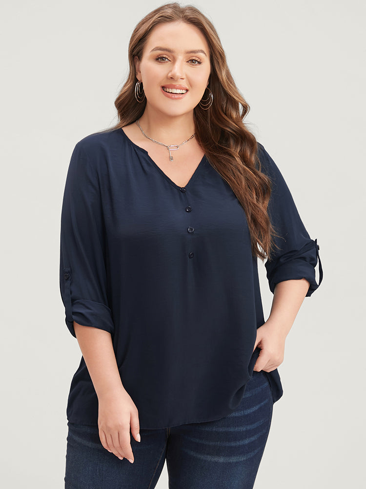 

Plus Size Women Workwear Plain Button Regular Sleeve Three Quater Length Sleeve V Neck Workleisure Blouses BloomChic, Midnight