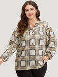 Plaid Shirred Notched Button Up Blouse