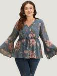 Floral Print Wrap Tiered Bell Sleeve Elastic Waist Blouse