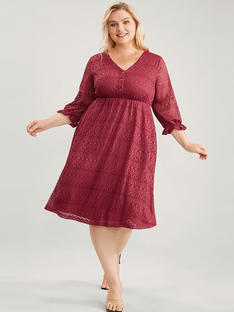 

Plus Size Women Dailywear Plain Lace Lantern Sleeve Three Quater Length Sleeve V Neck Pocket Elegance Dresses BloomChic, Burgundy