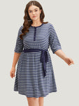 Crew Neck Striped Print Pocketed Belted Dress