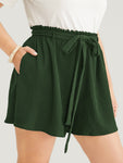 Plain Paperbag Waist Ruffle Trim Belt Shorts