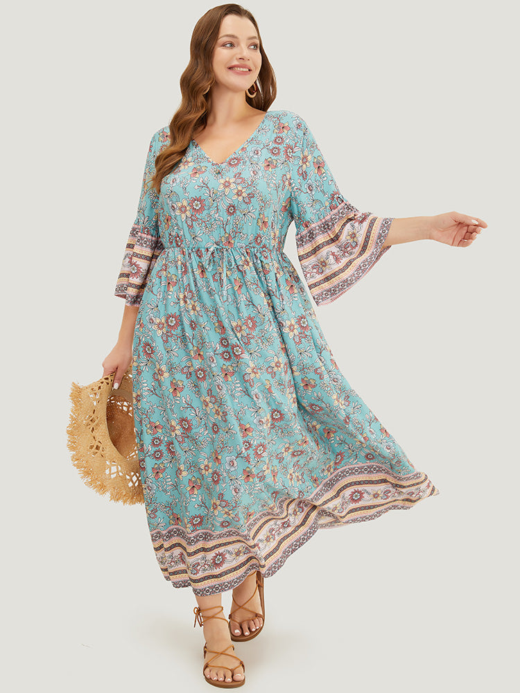 

Plus Size Women Dailywear Bohemian Print Knotted Bell Sleeve Three Quater Length Sleeve V Neck Pocket Vacation Dresses BloomChic, Mint