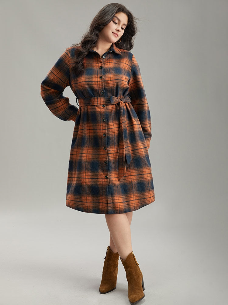 

Plus Size Women Dailywear Plaid Belted Regular Sleeve Long Sleeve Shirt Collar Pocket Belt Casual Dresses BloomChic, Rust