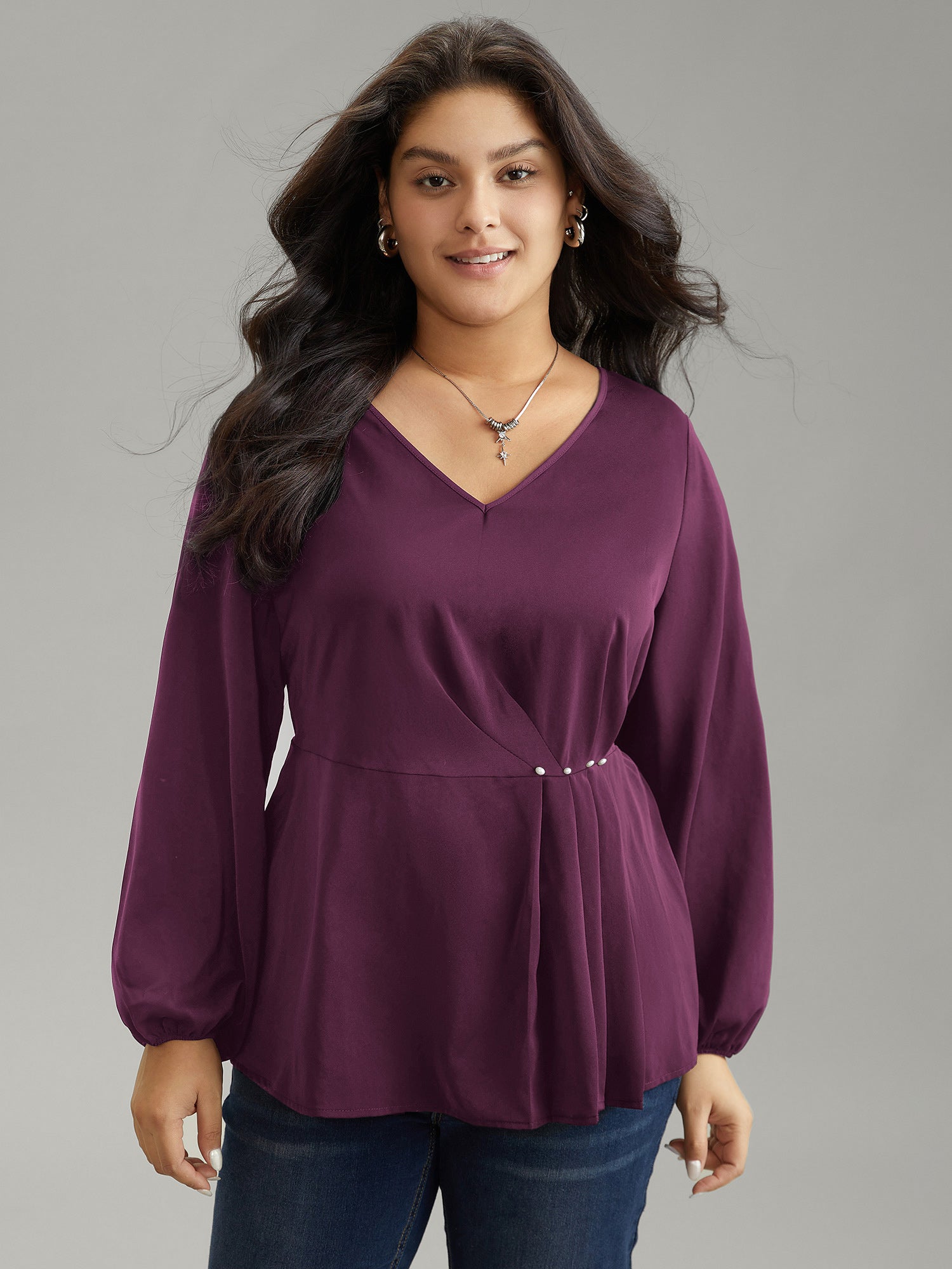 

Plus Size Women Work Plain Elastic cuffs Lantern Sleeve Long Sleeve V-neck Office Blouses BloomChic, Purple