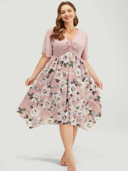 Floral Print Pocketed Ruched Drawstring Dress With Ruffles