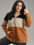 Rib Knit Colorblock Contrast Half Zip Hooded Sweatshirt