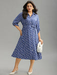 Ditsy Floral Belted Button Through Tab Sleeve Dress
