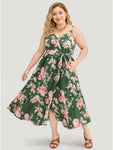 Wrap Belted Floral Print Flutter Sleeves Spaghetti Strap Dress