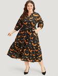 Halloween Bat Print Notched Belted Pocket Dress