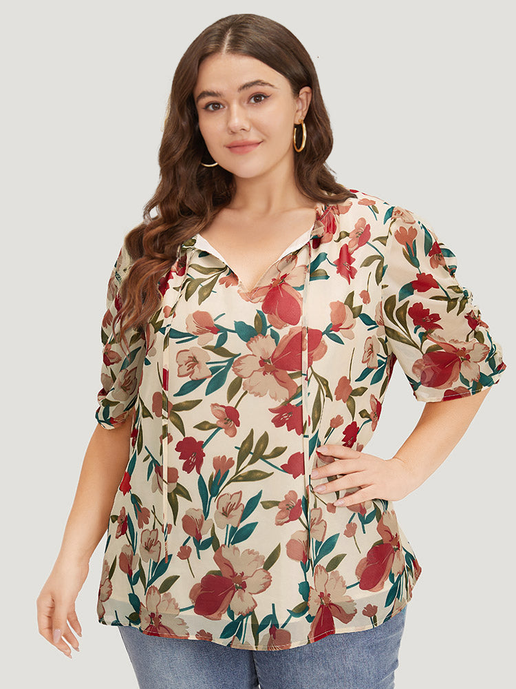 

Plus Size Women Dailywear Floral Gathered Puff Sleeve Short Sleeve Tie Neck Elegance Blouses BloomChic, Apricot