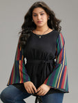 Striped Patchwork Belted Bell Sleeve Blouse