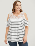 Striped Print Lace Cold Shoulder T shirt