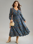 General Print Frill Trim Pocketed Shirred Dress