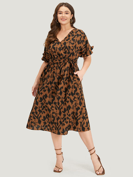 Wrap Belted Pocketed General Print Dress With Ruffles