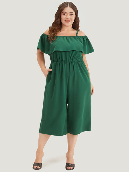 Pocketed Elasticized Waistline Off the Shoulder Spaghetti Strap Jumpsuit With Ruffles