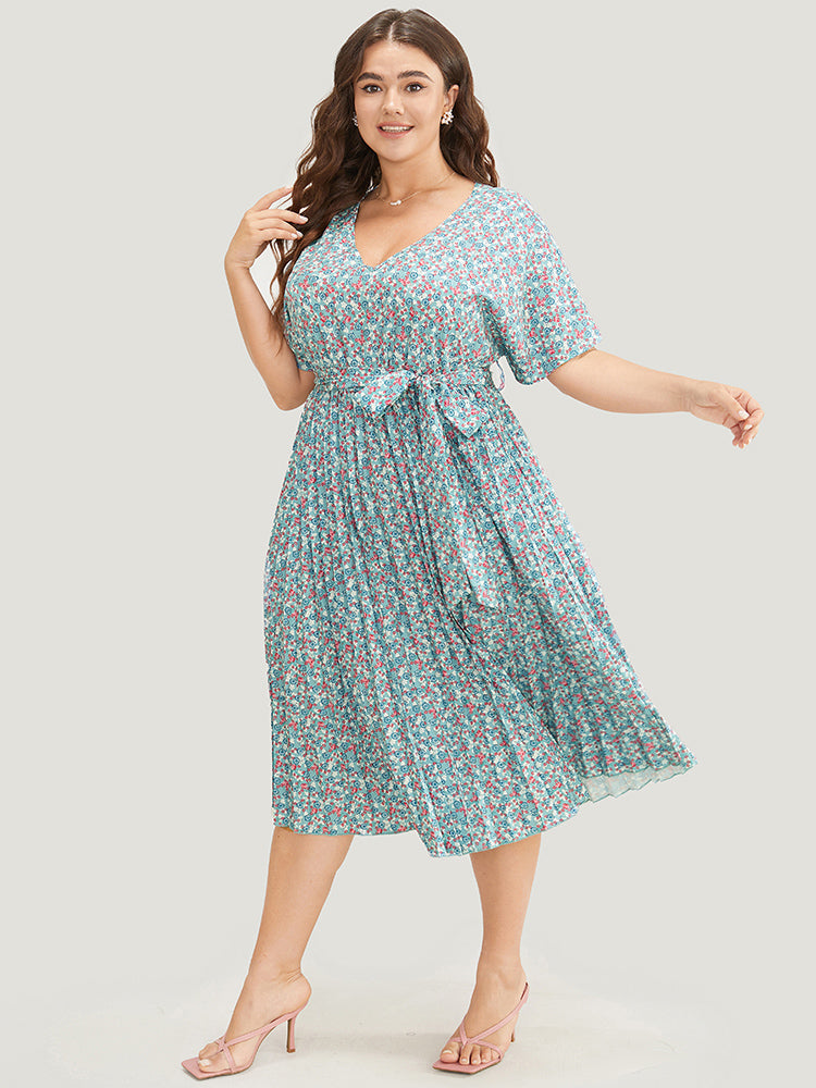 

Plus Size Women Dailywear Ditsy Floral Belted Dolman Sleeve Short Sleeve V Neck Pocket Belt Elegance Dresses BloomChic, Teal