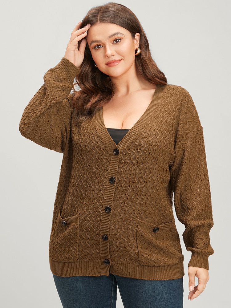 

Plain Pointelle Knit Geometric Crochet Pocket Button Front Cardigan BloomChic, Bronze