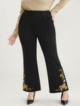 Floral Embroidered Pocket Elastic Waist Bootcut Pants