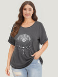 Floral & Moon Print Crew Neck Roll Sleeve T shirt