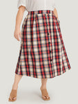 Plaid Wideband Waist Pleated Button Detail Skirt