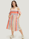 Pocketed Cold Shoulder Sleeves Striped Print Midi Dress With Ruffles
