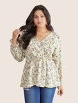 Ditsy Floral Overlap Collar Ruffle Trim Blouse