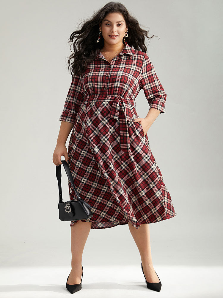 

Plus Size Women Work Plaid Belted Regular Sleeve Elbow-length sleeve Shirt collar Pocket Belt Office Dresses BloomChic, Burgundy