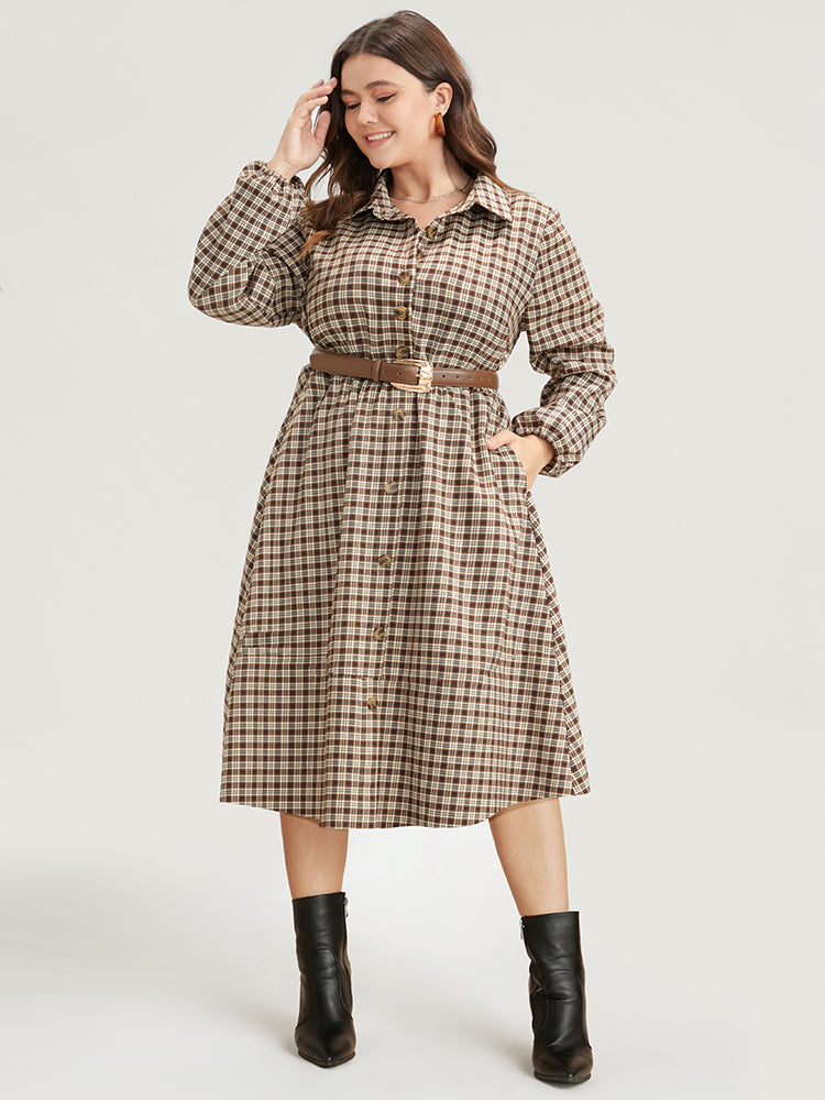 

Plus Size Women Work Gingham Pocket Lantern Sleeve Long Sleeve Shirt collar Pocket Office Dresses BloomChic, Bronze