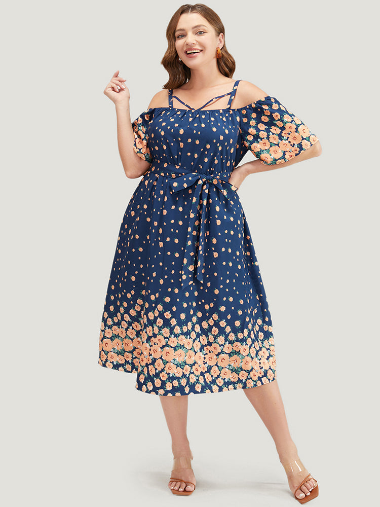 

Plus Size Women Dailywear Bohemian Print Adjustable Straps Regular Sleeve Short sleeve Cold Shoulder Pocket Belt Elegance Dresses BloomChic, Navy