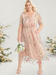 V-neck Floral Print Elasticized Waistline Mesh Embroidered Pocketed Dress