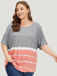 Tie Dye Contrast Stitched Batwing Sleeve Striped T shirt