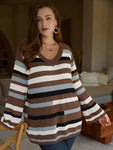 Striped Colorblock Contrast V Neck Pullover
