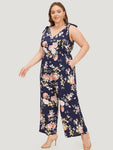 Floral Belt Pocket Knot Shoulder Jumpsuit