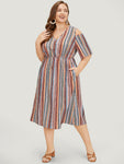 Pocketed Striped Print Cold Shoulder Sleeves Dress