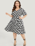 V-neck Pocketed Belted Geometric Print Dress