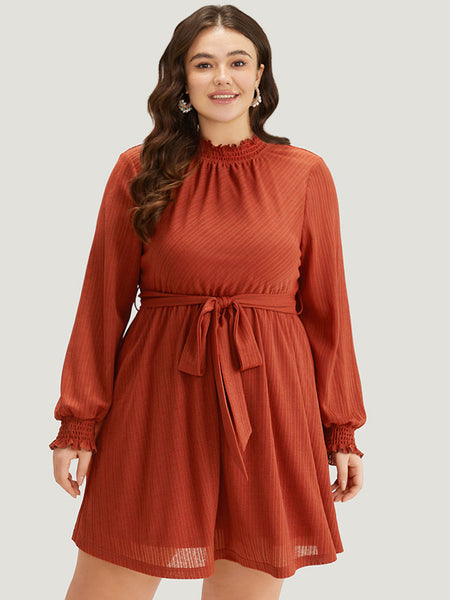 Belted Shirred Mock Neck Dress