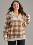 Plaid Patchwork Contrast Half Zip Sweatshirt