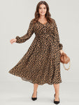 Allover Print Lantern Sleeve Split Pocket Belted Button Front Dress